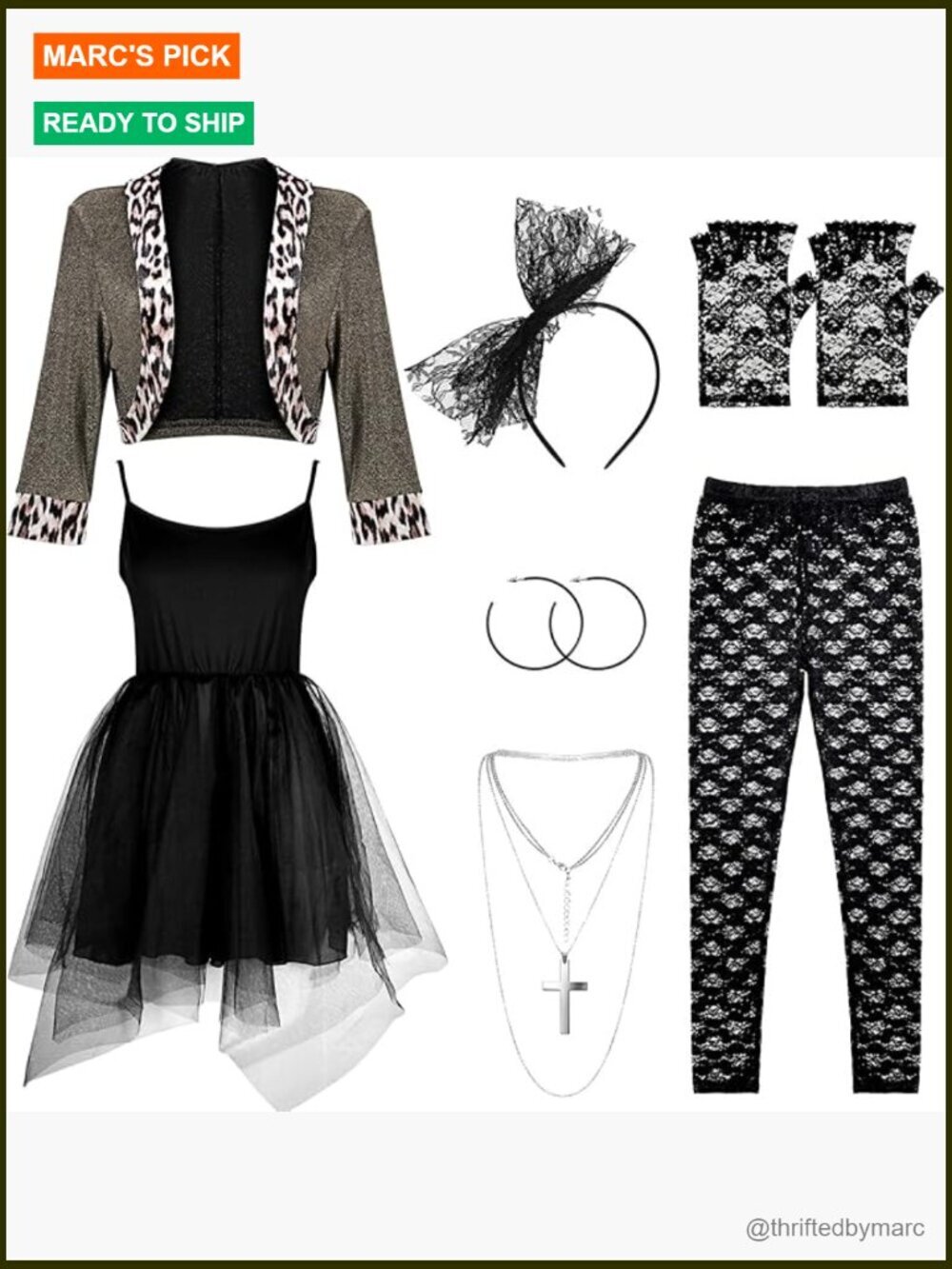 7-Piece 80s Costume Set Dress Jacket Tutu Accessories Halloween